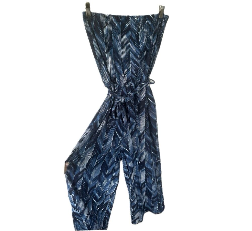 JWLovesMe Strapless Graphic Chevron Tie Belt Capri Wide Leg Palazzo Jumpsuit M
